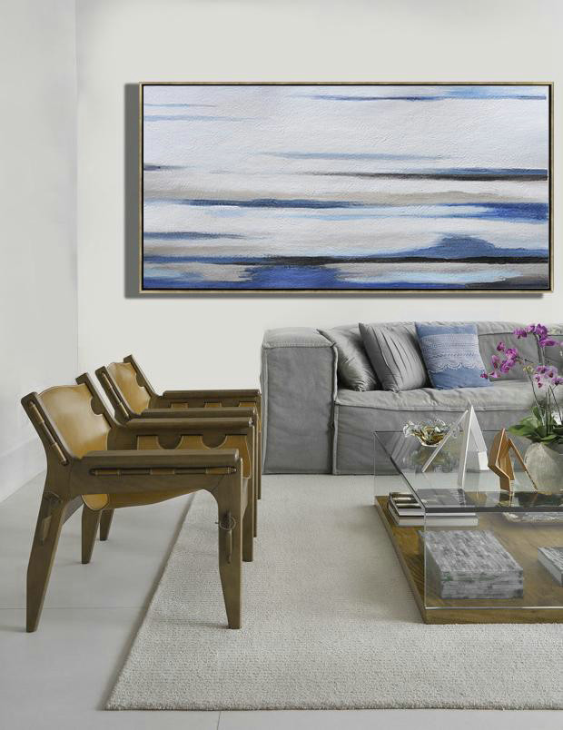 Extra Large Canvas Art,Hand Painted Panoramic Abstract Painting,Modern Paintings,White,Grey,Blue,Black.etc